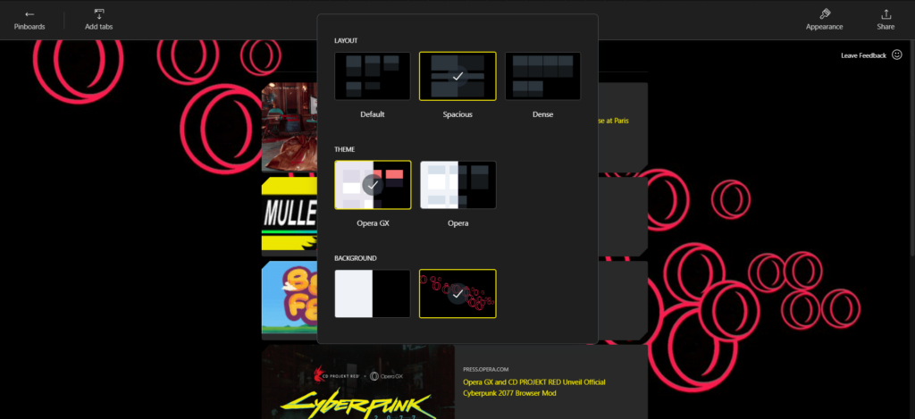opera gx pinboards funciones